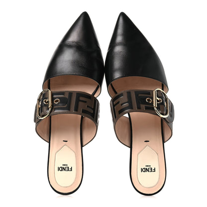 Fendi Vitello FF Embossed Buckle Flat Mules 39 Maya Black 2 of 13