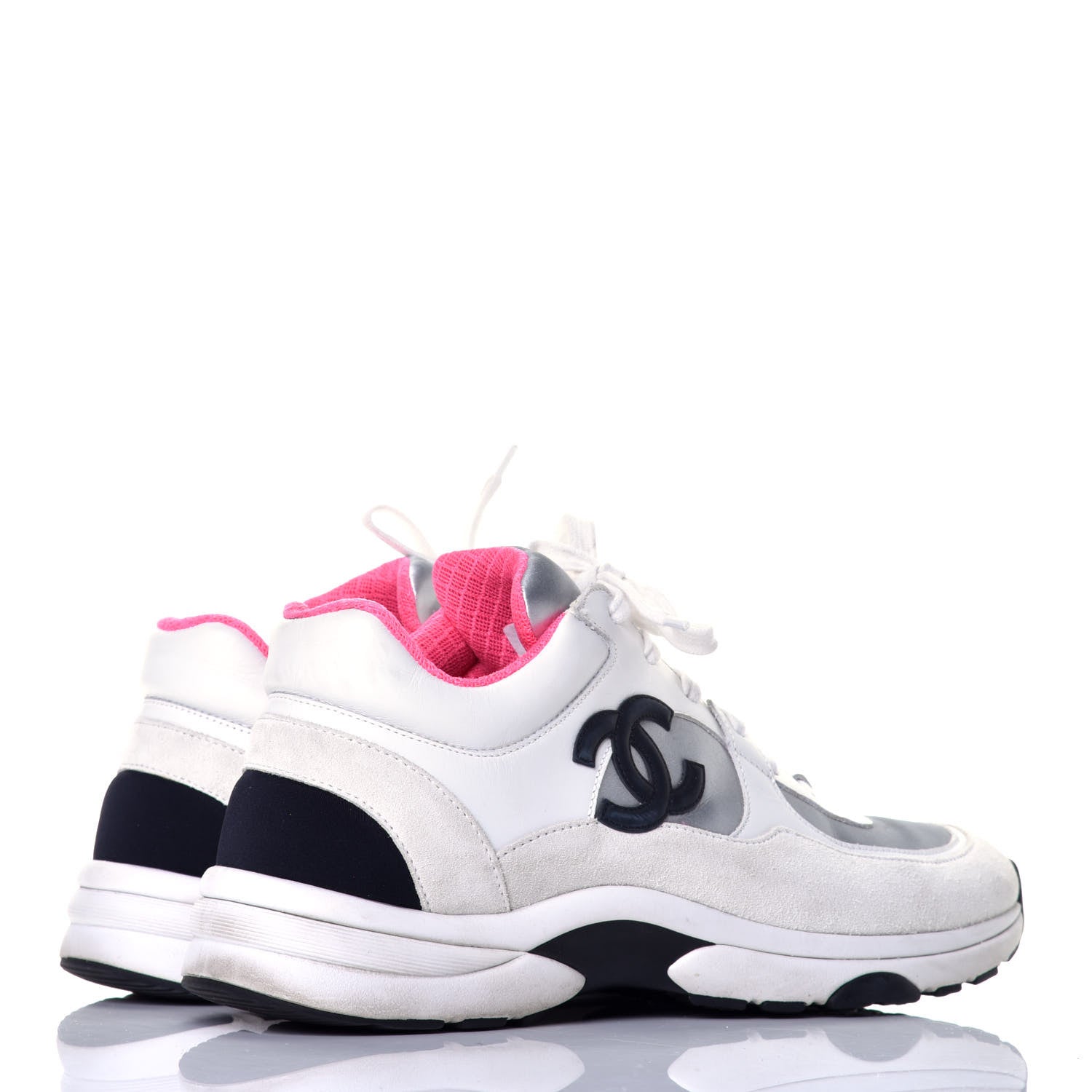 Chanel Calfskin Fabric Sneakers 40.5 White Silver Fluo Pink 4 of 9