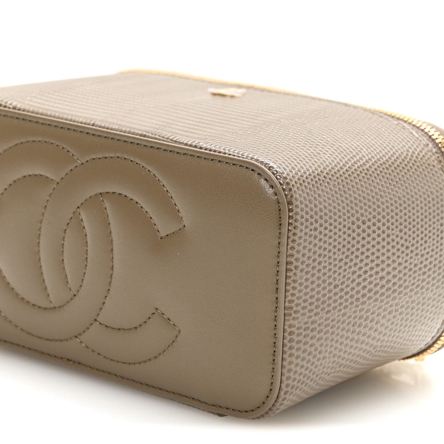 Calfskin Lizard Embossed Top Handle Vanity With Chain Dark Khaki