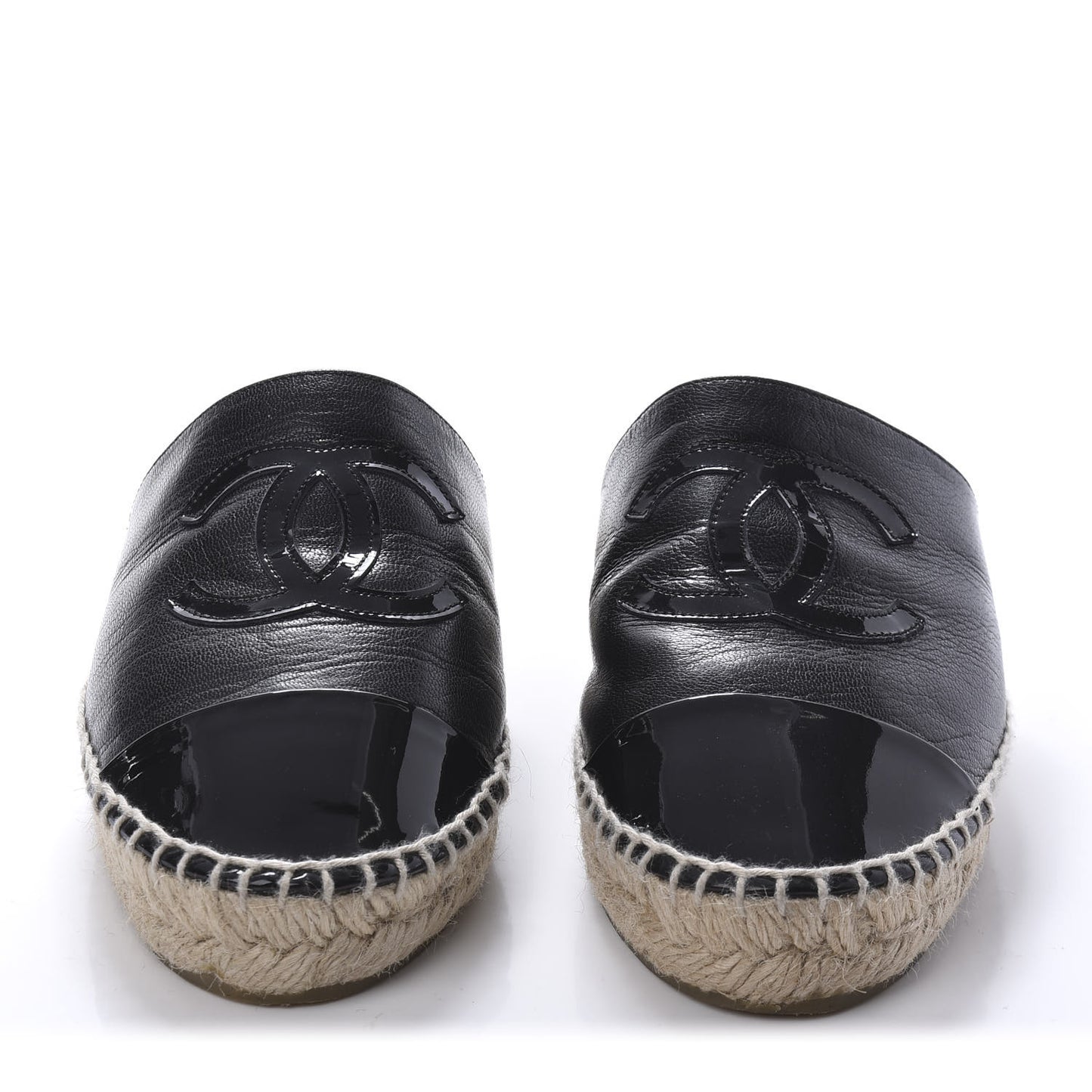 Iridescent Goatskin Patent CC Espadrille Mules 36 Black