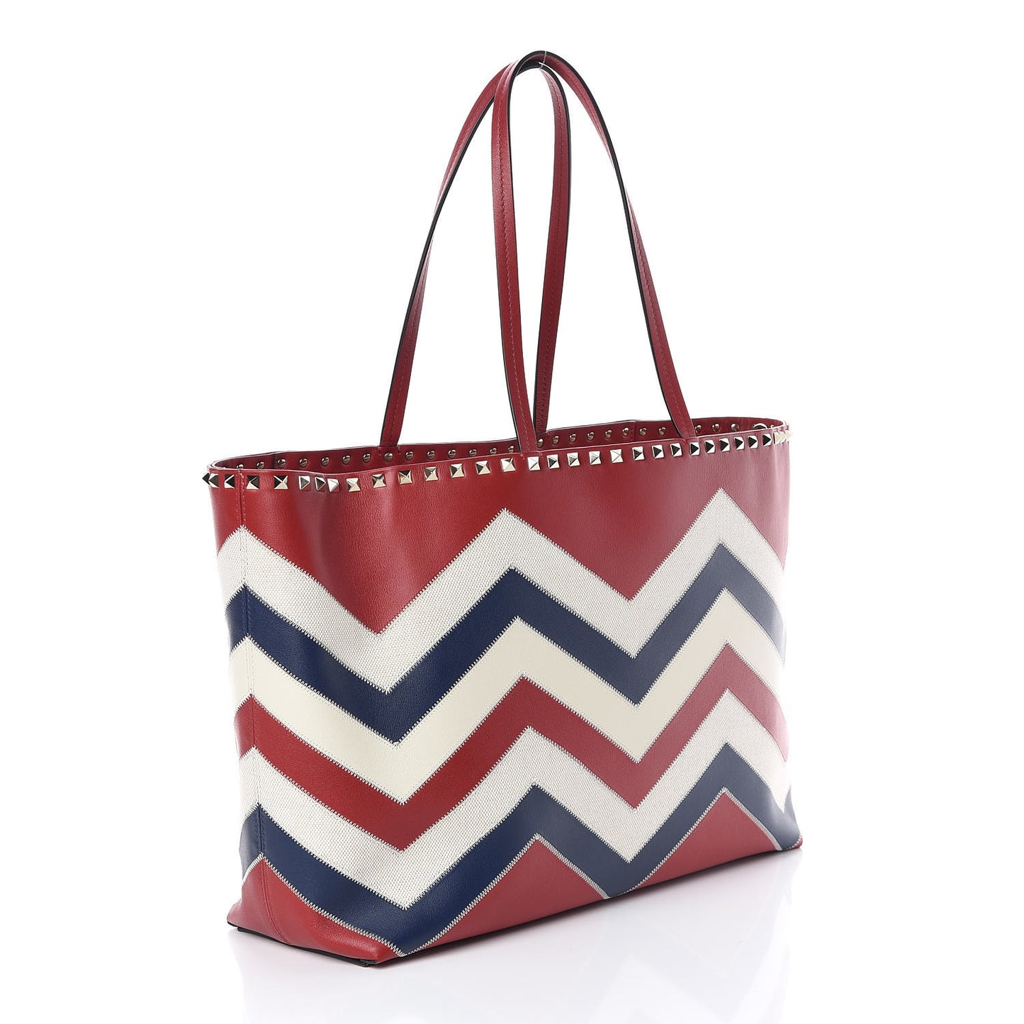 Calfskin Canvas Chevron Inlay Rockstud Shoulder Tote Red White Blue