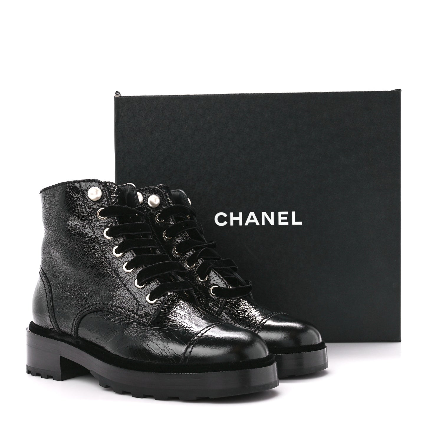 Shiny Calfskin Velvet Pearl Combat Short Boots 36.5 Black