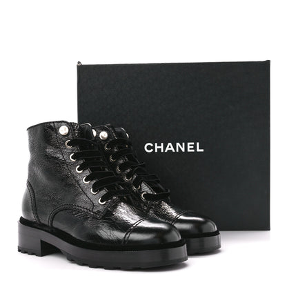 Chanel Shiny Calfskin Velvet Pearl Combat Short Boots 36.5 Black 9 of 9