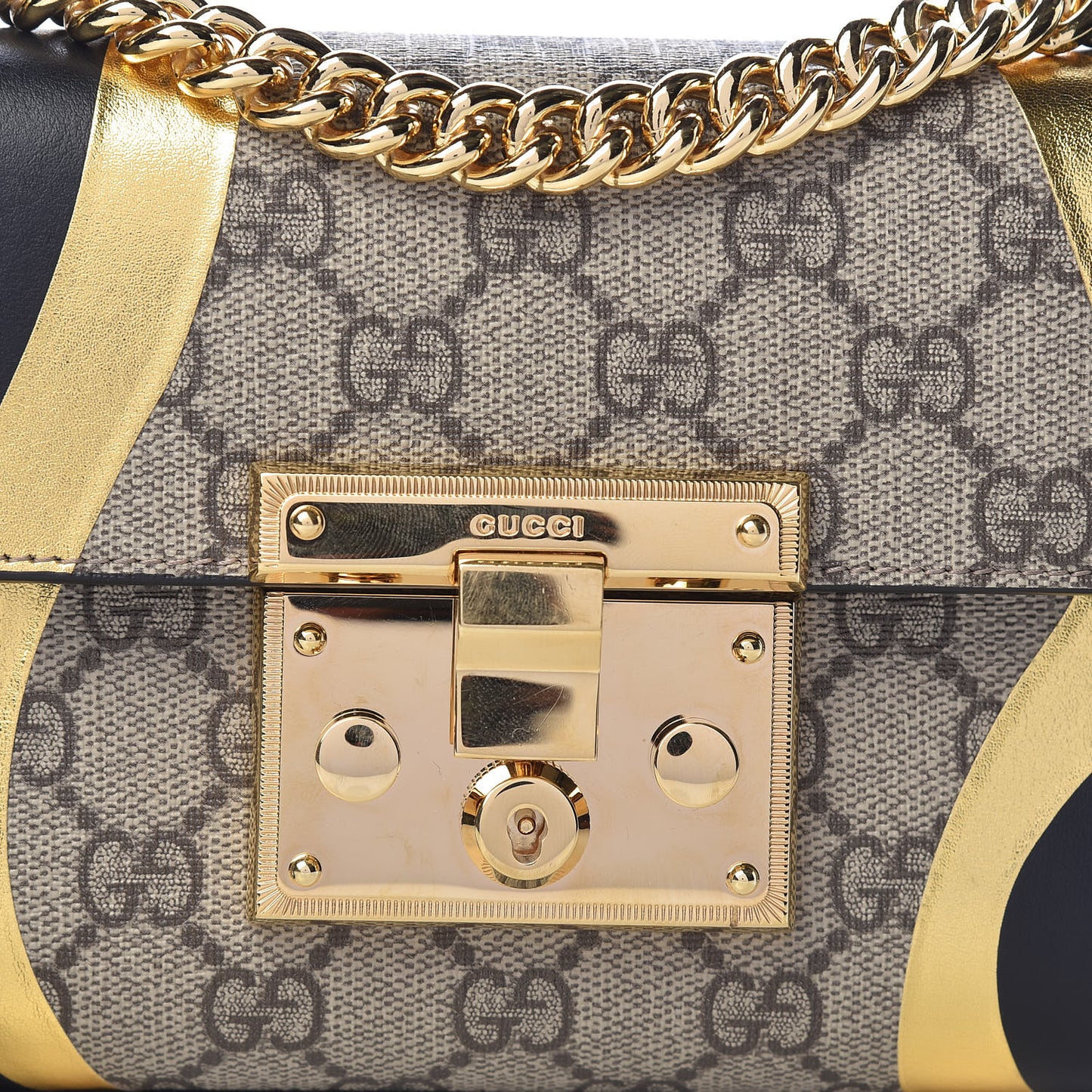 Calfskin GG Supreme Monogram Small Padlock Shoulder Bag Black Gold