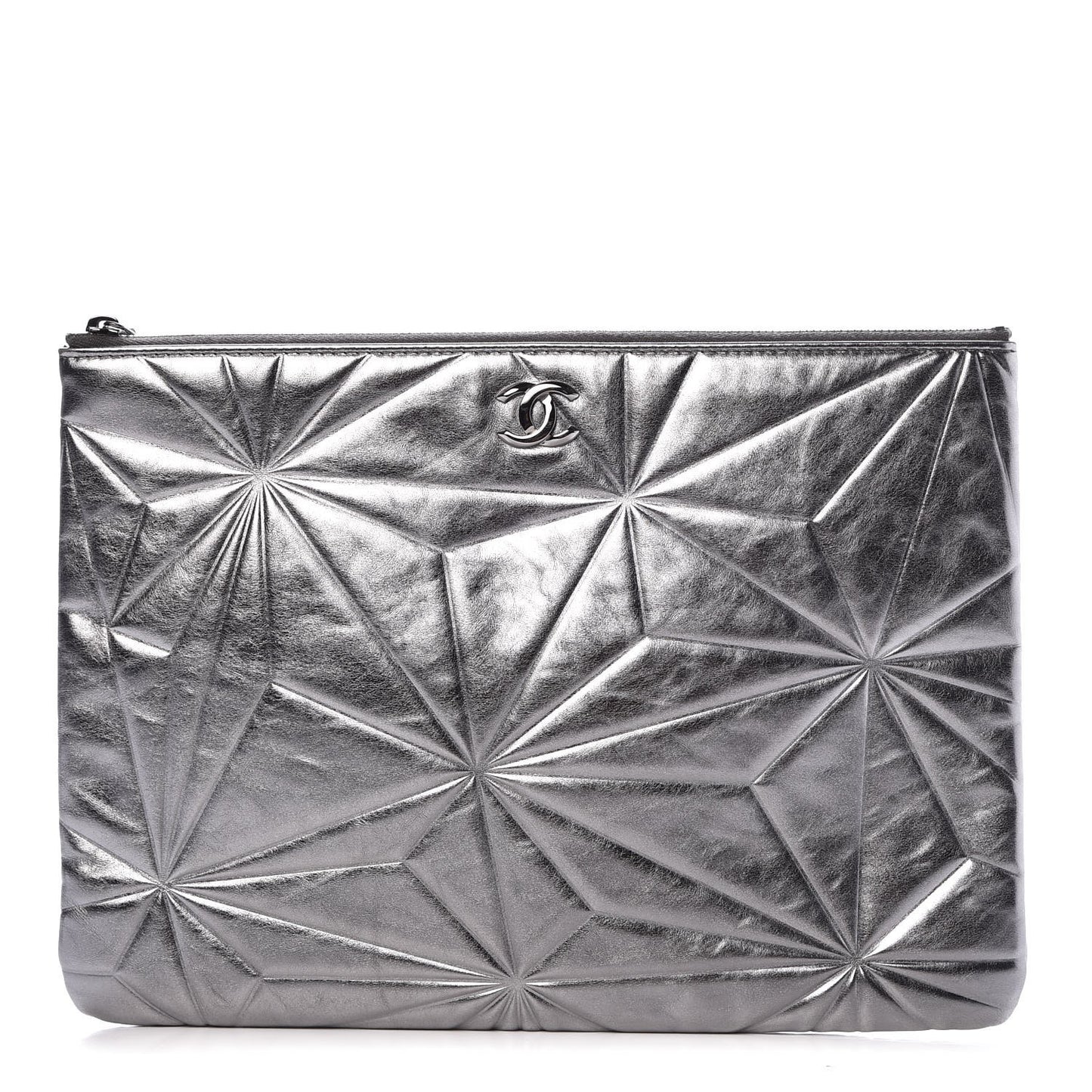 Metallic Lambskin Embossed Medium Cosmetic Pouch Silver