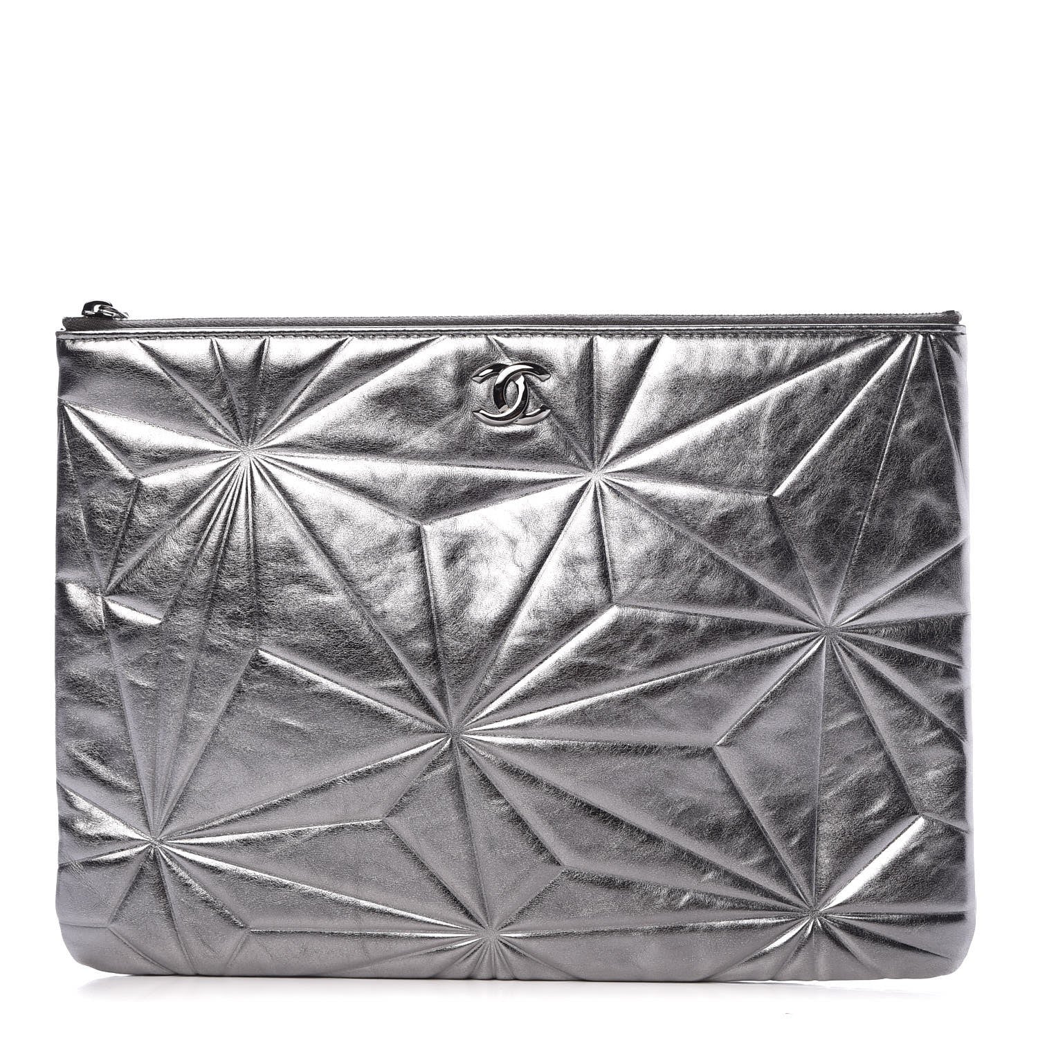 Chanel Metallic Lambskin Embossed Medium Cosmetic Pouch Silver 1 of 9
