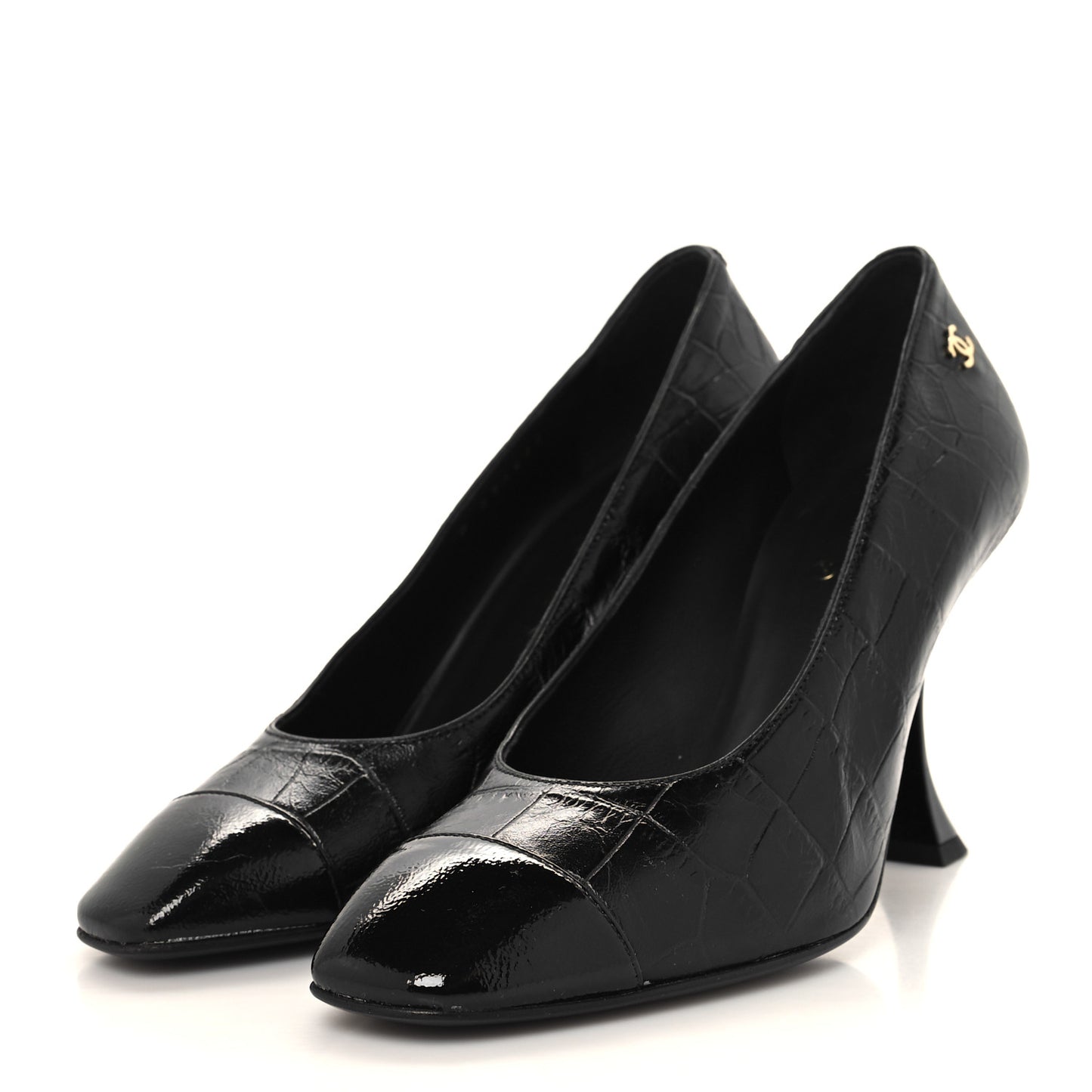 Crocodile Embossed Crumpled Patent Cap Toe Pumps 36 Black