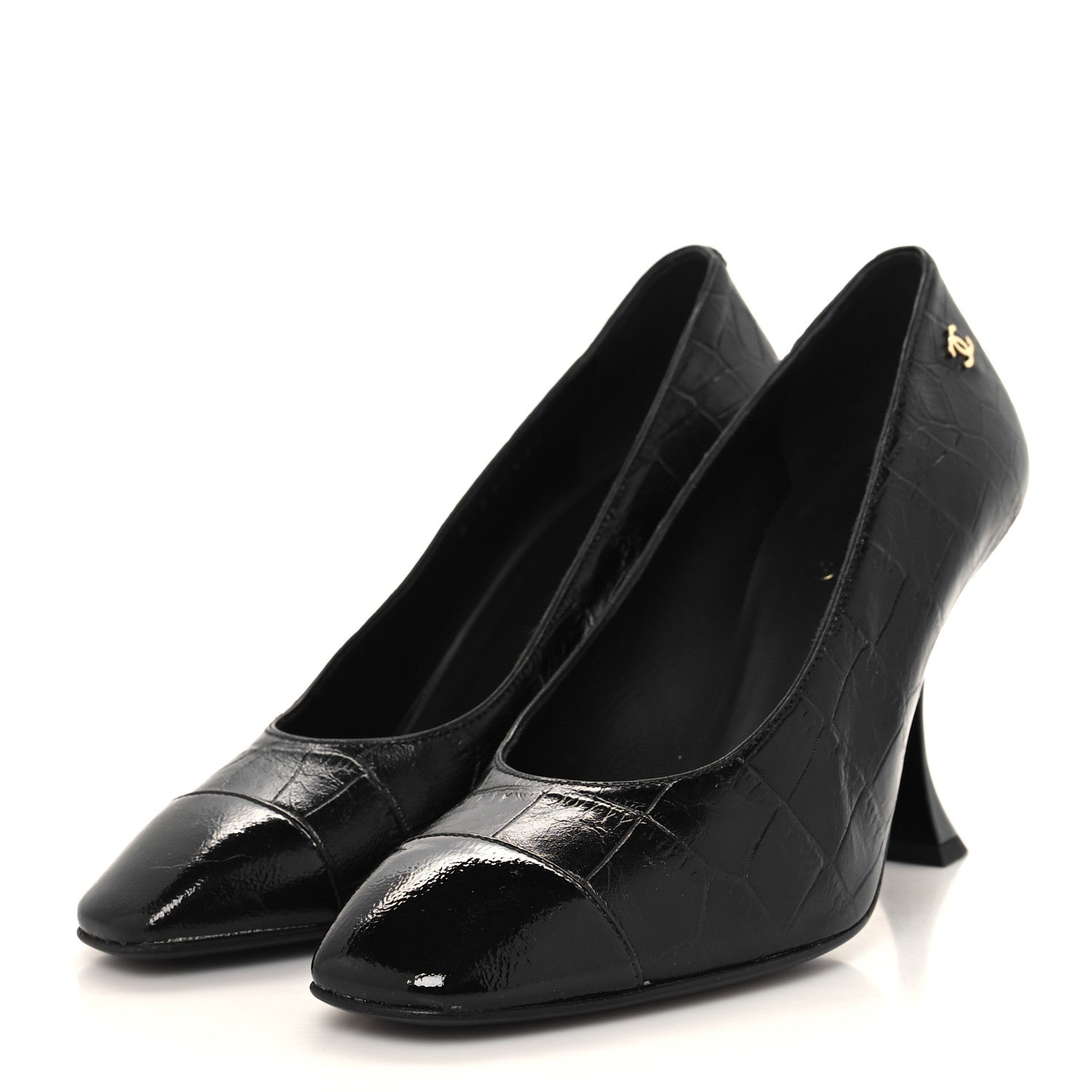 Chanel Crocodile Embossed Crumpled Patent Cap Toe Pumps 36 Black 3 of 9