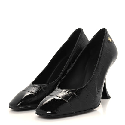 Chanel Crocodile Embossed Crumpled Patent Cap Toe Pumps 36 Black 3 of 9