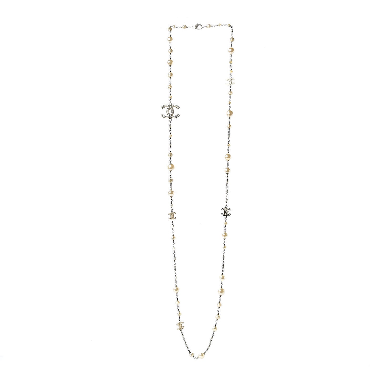 Graduated Pearl Crystal CC Long Necklace Gold