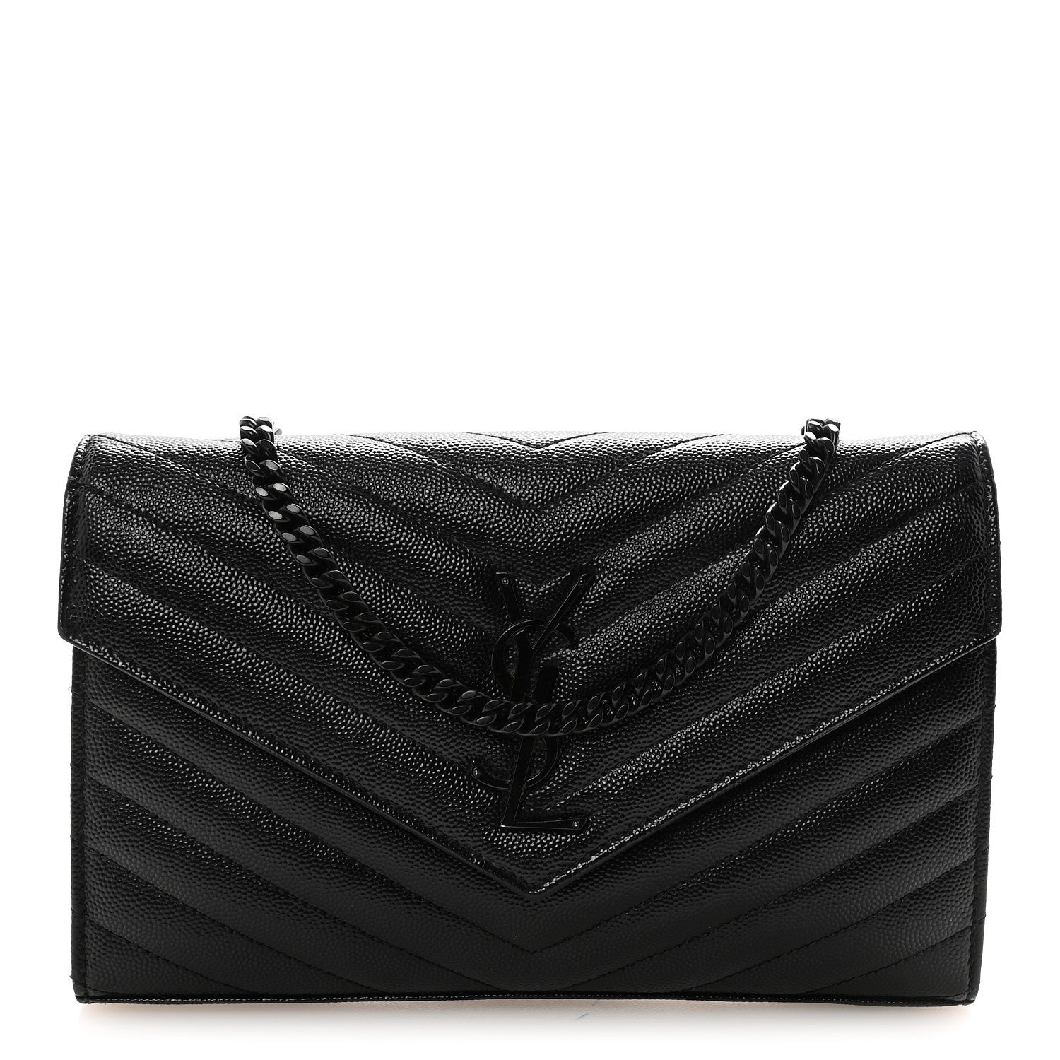 Saint Laurent Grain De Poudre Matelasse Chevron Monogram Monochrome Chain Wallet Black 1 of 9