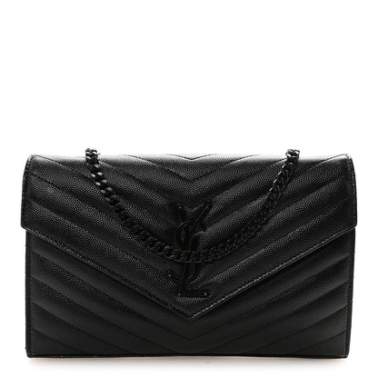 Saint Laurent Grain De Poudre Matelasse Chevron Monogram Monochrome Chain Wallet Black 1 of 9