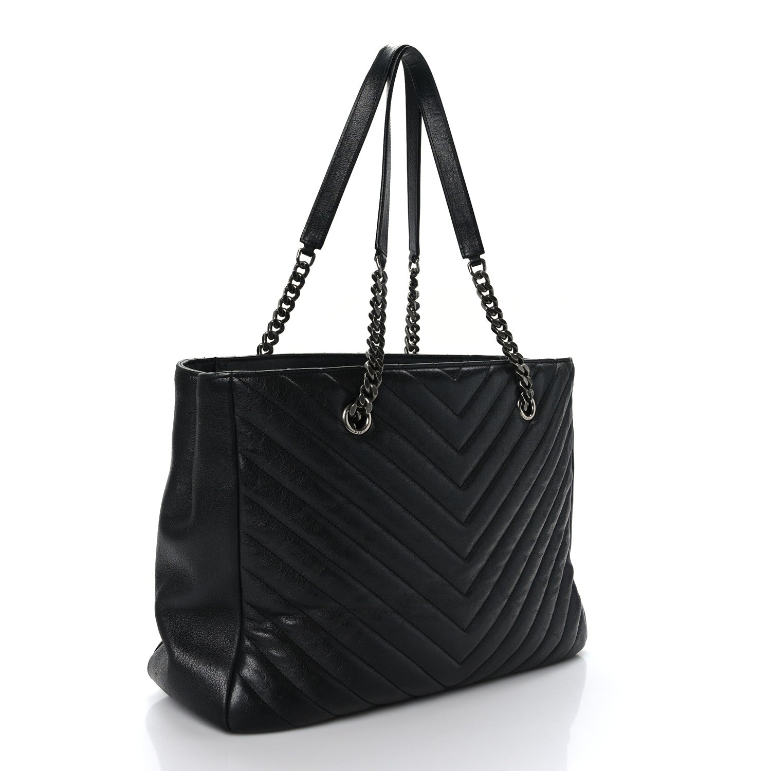 Saint Laurent Sheepskin Matelasse Chevron Large Monogram Shopping Bag Black 3 of 8