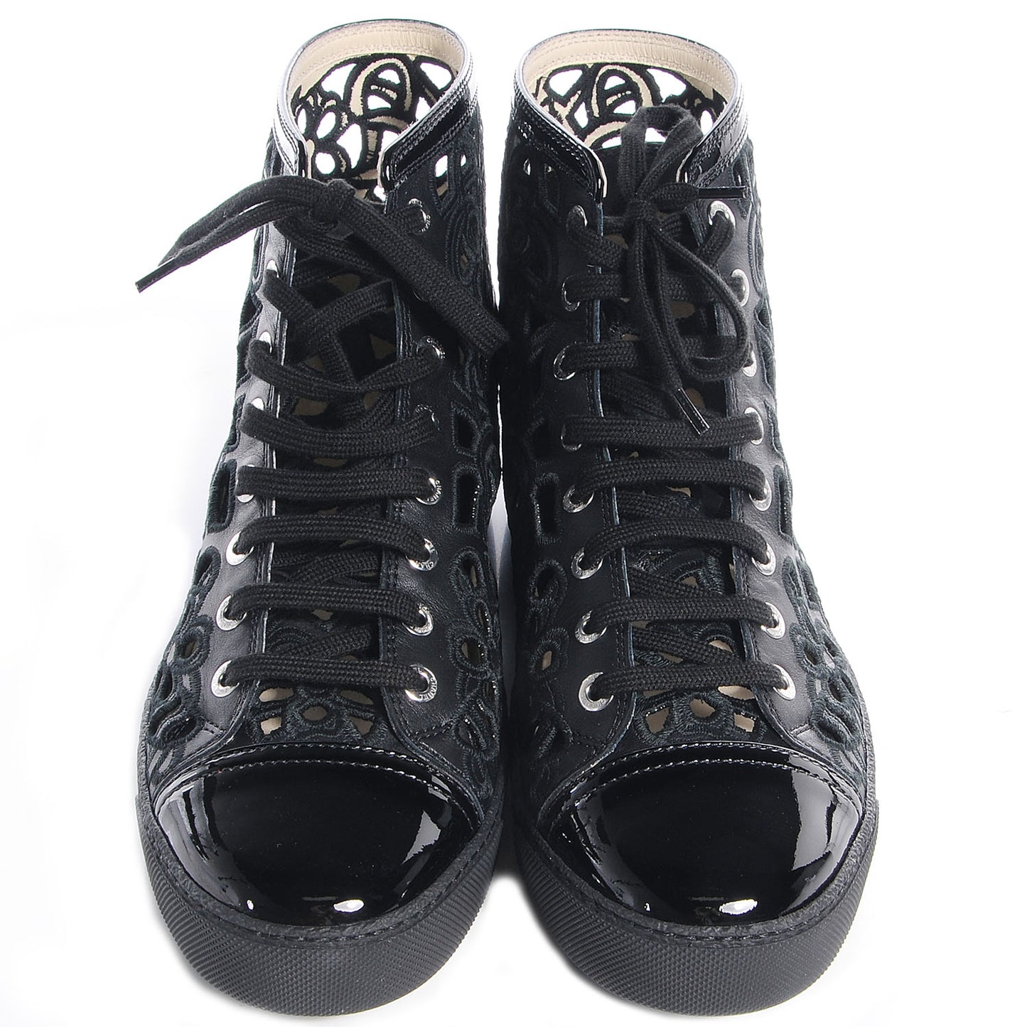 Patent Grained Goatskin Laser Cut Camellia High Tops 40 Black
