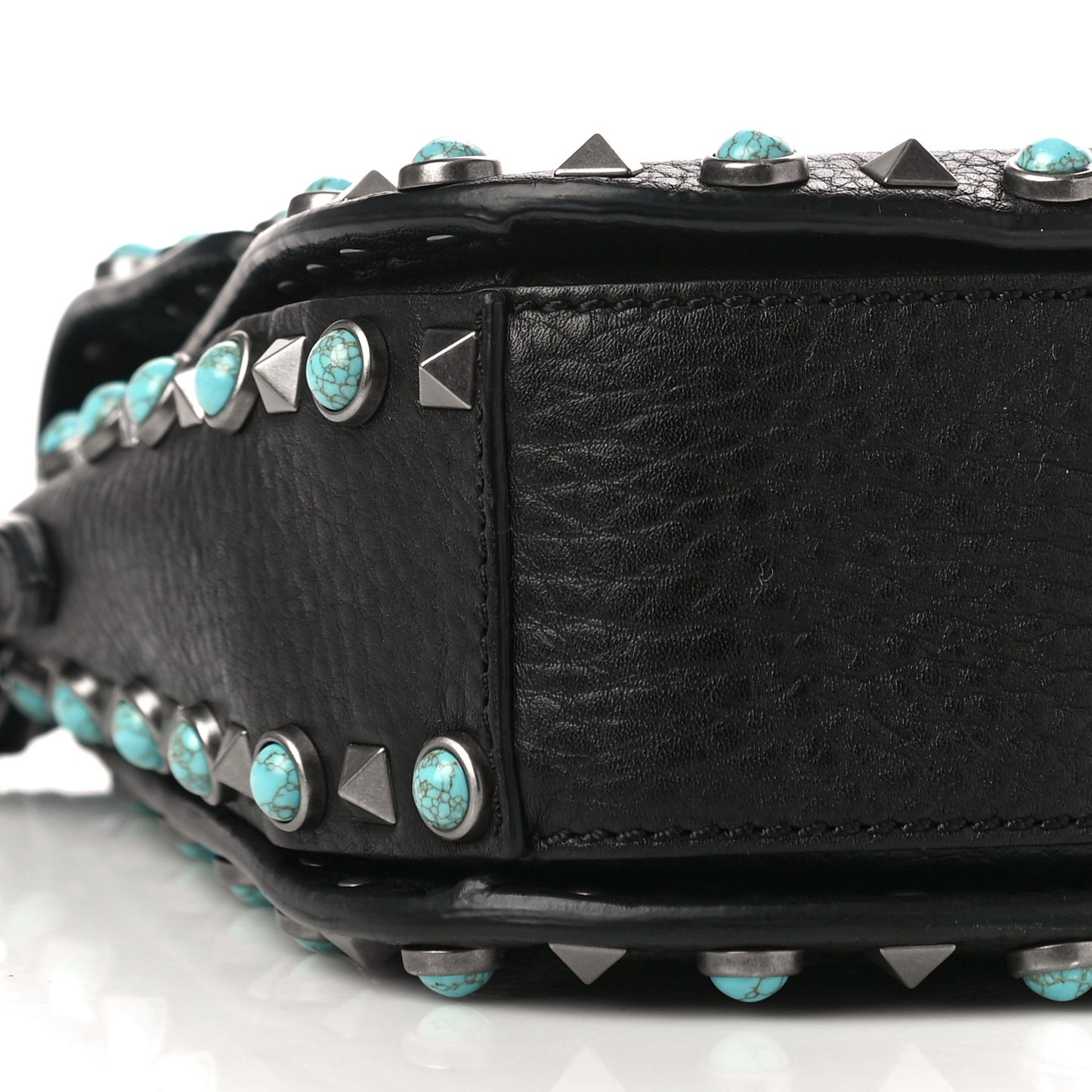 Pebbled Calfskin Turquoise Medium Rockstud Rolling Flap Saddle Bag Black