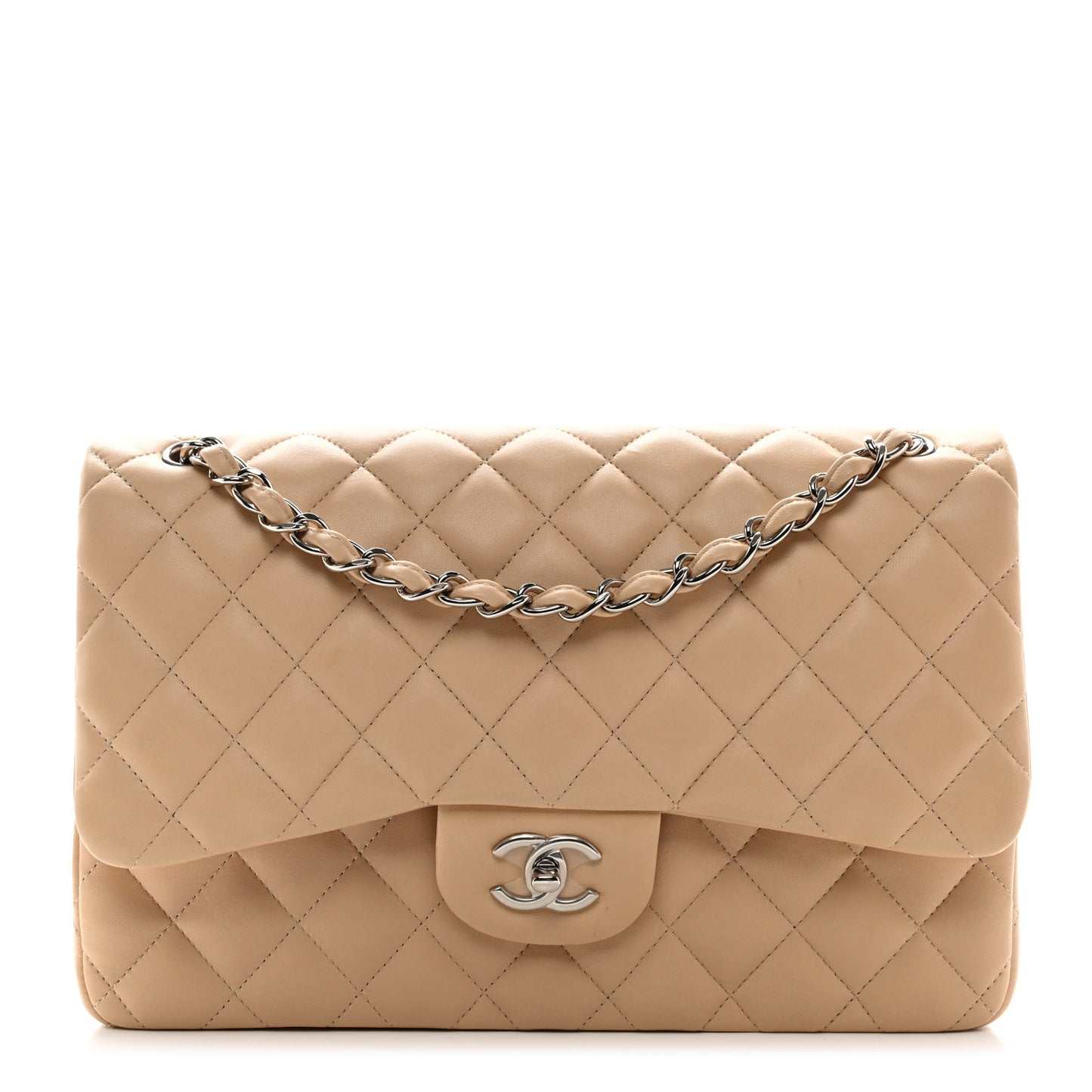 Lambskin Quilted Jumbo Double Flap Beige