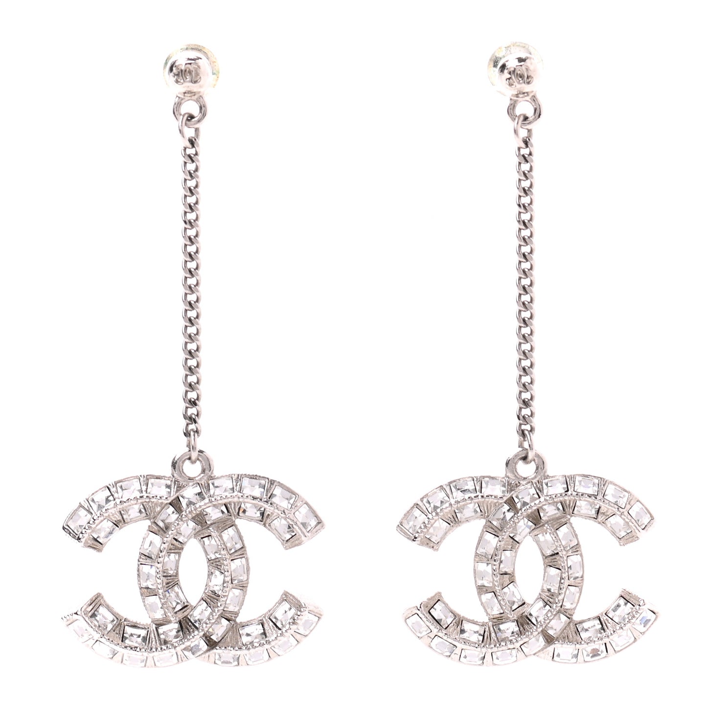 Baguette Crystal CC Drop Earrings Silver
