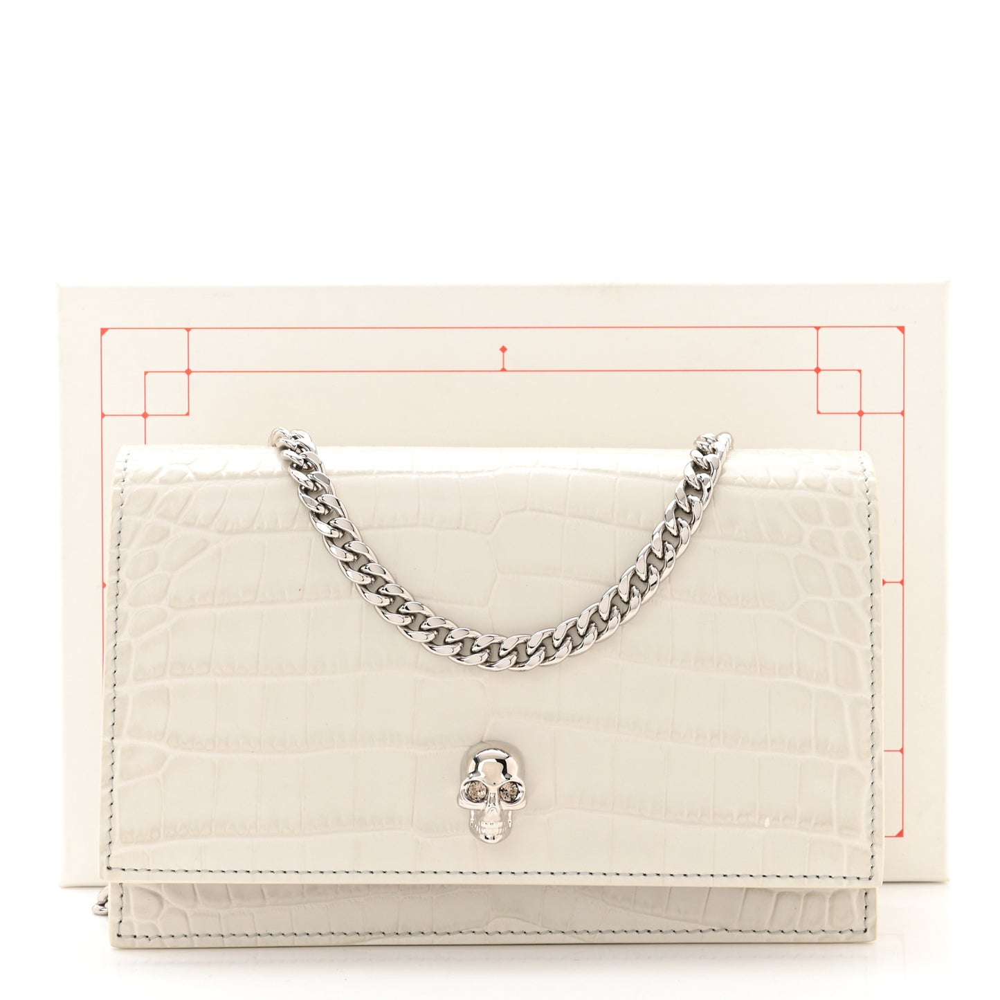 Calfskin Crocodile Embossed Skull Mini Crossbody Bag White