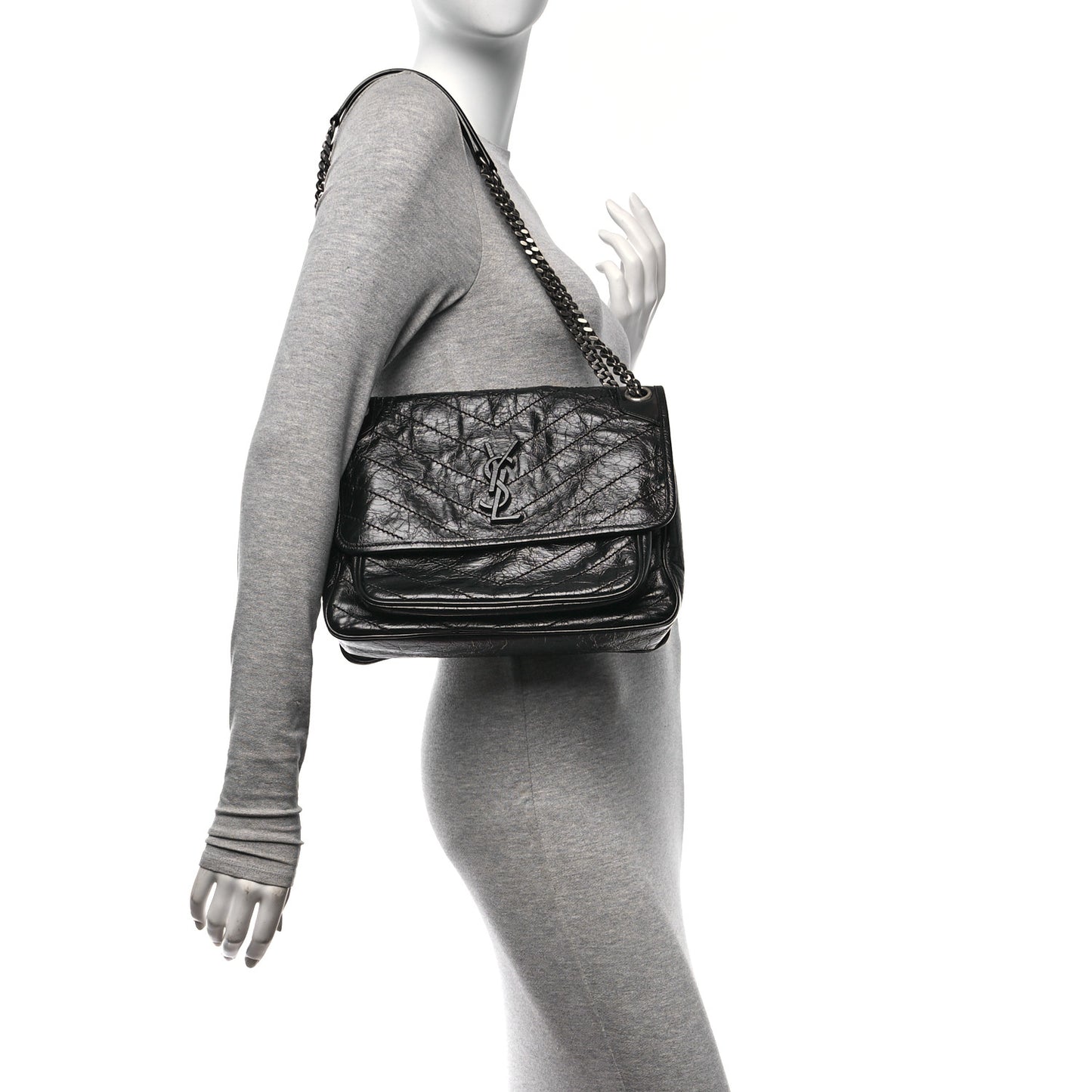 Crinkled Calfskin Matelasse Monogram Medium Niki Chain Satchel Black