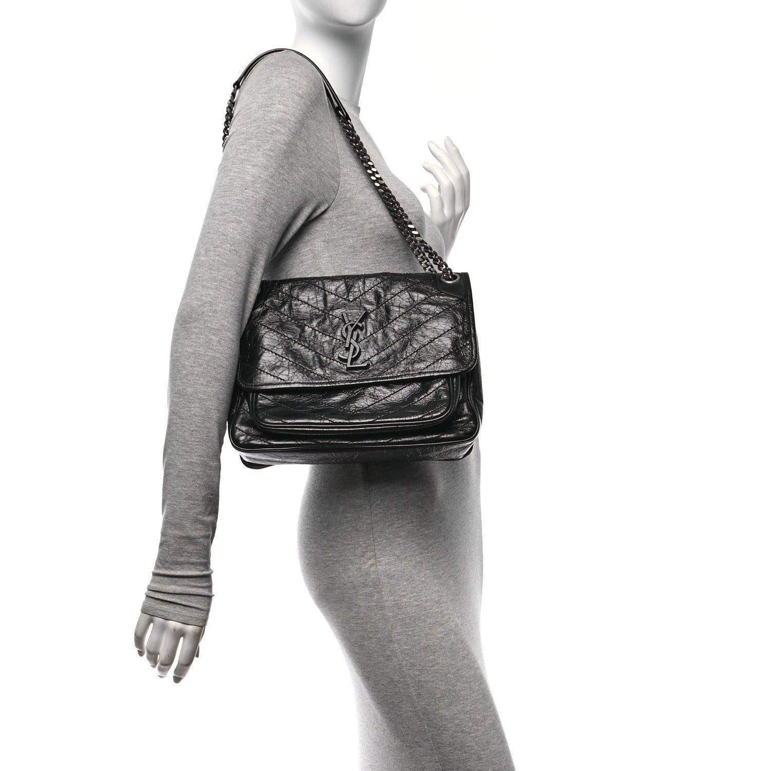 Saint Laurent Crinkled Calfskin Matelasse Monogram Medium Niki Chain Satchel Black 2 of 10