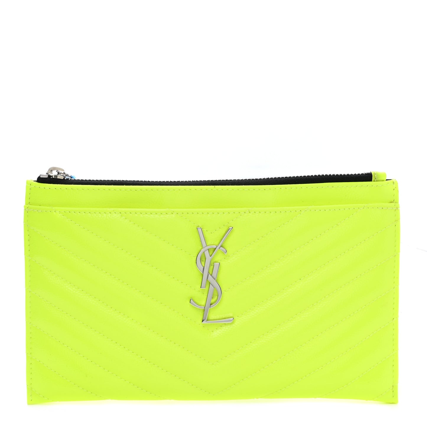 Patent Grain De Poudre Matelasse Chevron Monogram Bill Pouch Neon Yellow