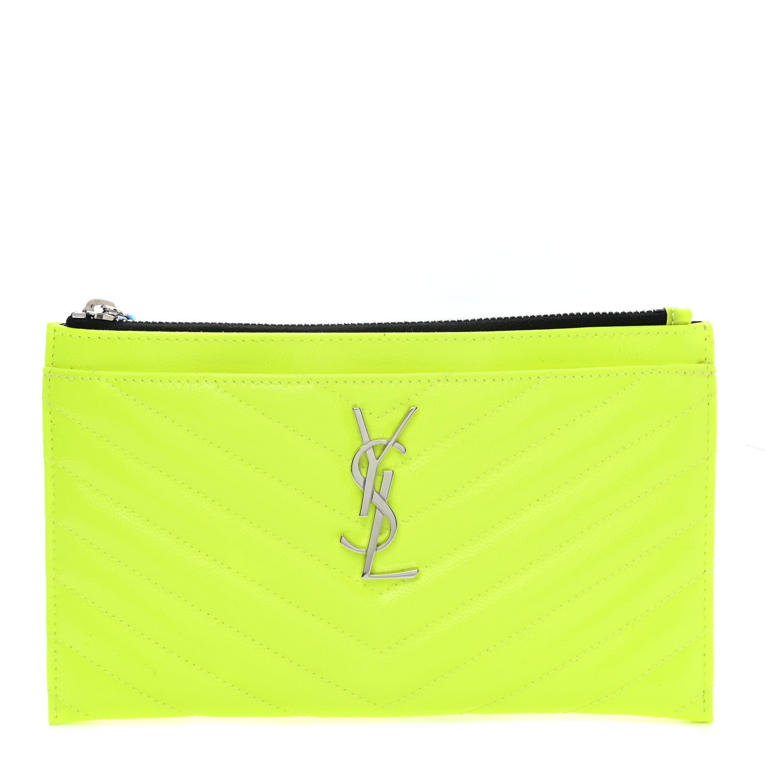 Saint Laurent Patent Grain De Poudre Matelasse Chevron Monogram Bill Pouch Neon Yellow 1 of 7