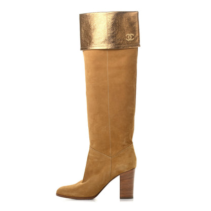 Chanel Kid Suede Metallic Lambskin CC Fold Over Knee High Boots 38.5 Dark beige 1 of 4