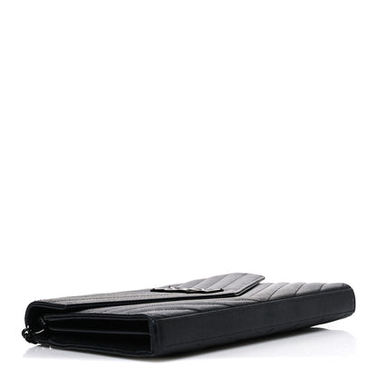 Saint Laurent Grain De Poudre Matelasse Chevron Monogram Monochrome Envelope Chain Wallet Black 4 of 9