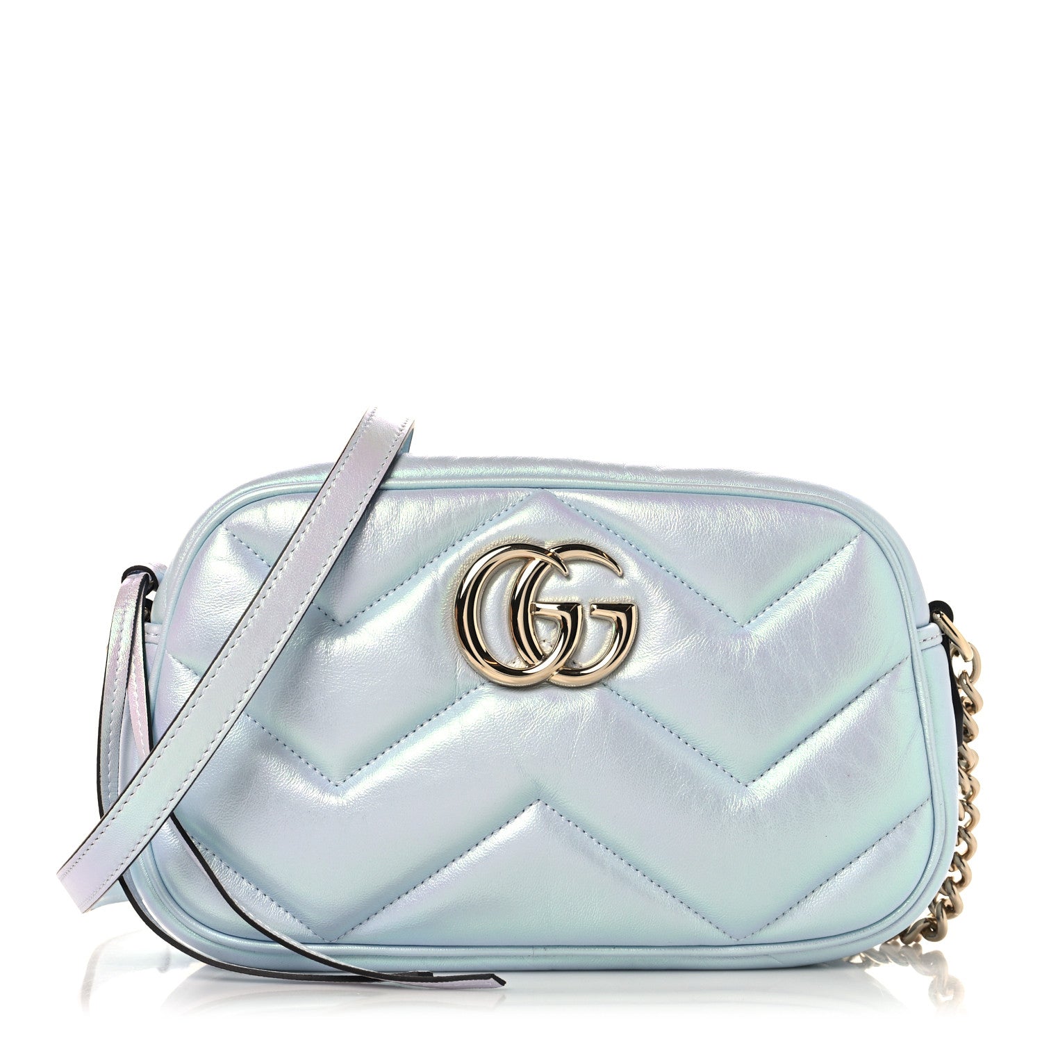 Gucci Iridescent Nappa Chevron Matelasse Small GG Marmont Chain Shoulder Bag Iridescent Snow Light Blue 1 of 10