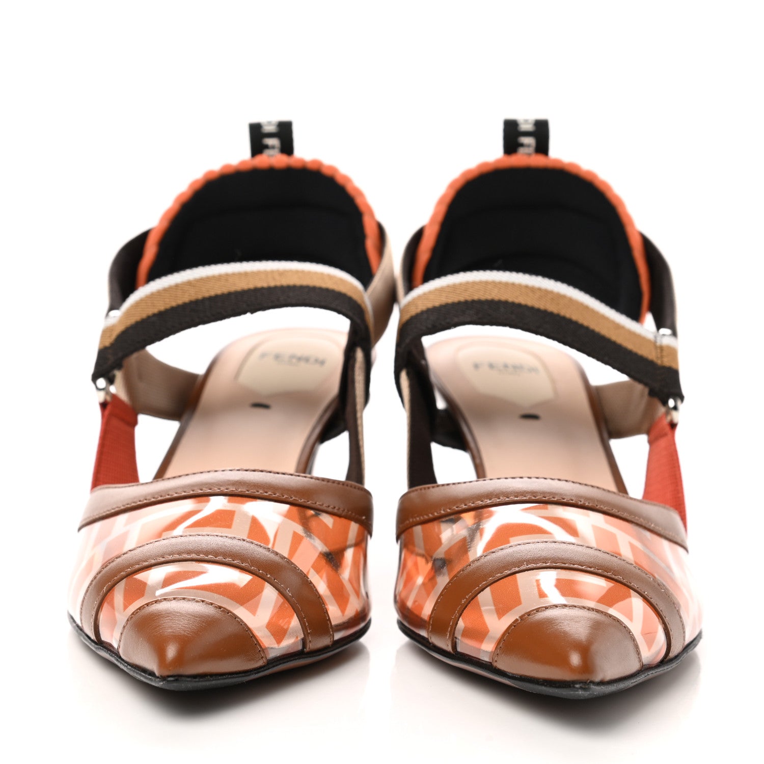 Fendi PVC Vitello FF Colibri 55mm Slingback Pumps 38 Transparent Aranciata Cuoio Avana 2 of 8