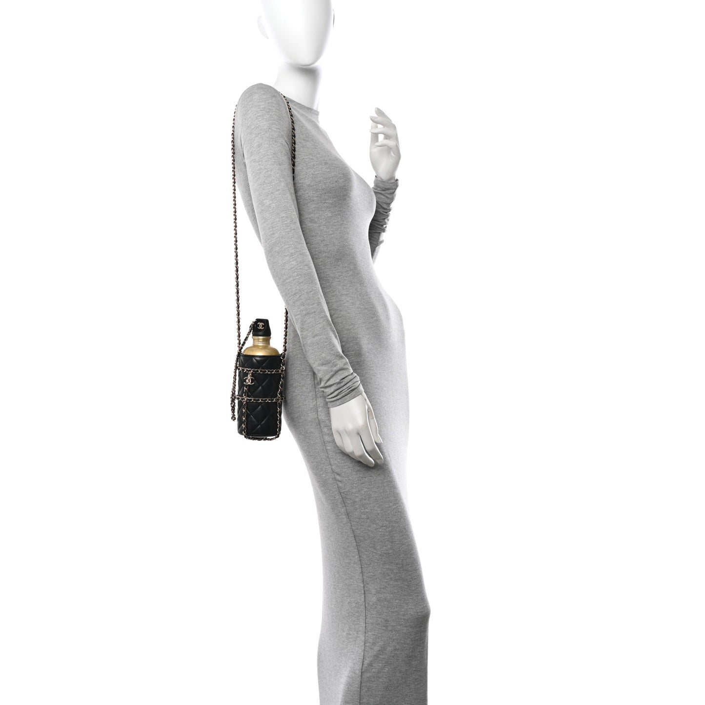 Lambskin Quilted CC To Drink Water Bottle Black Gold