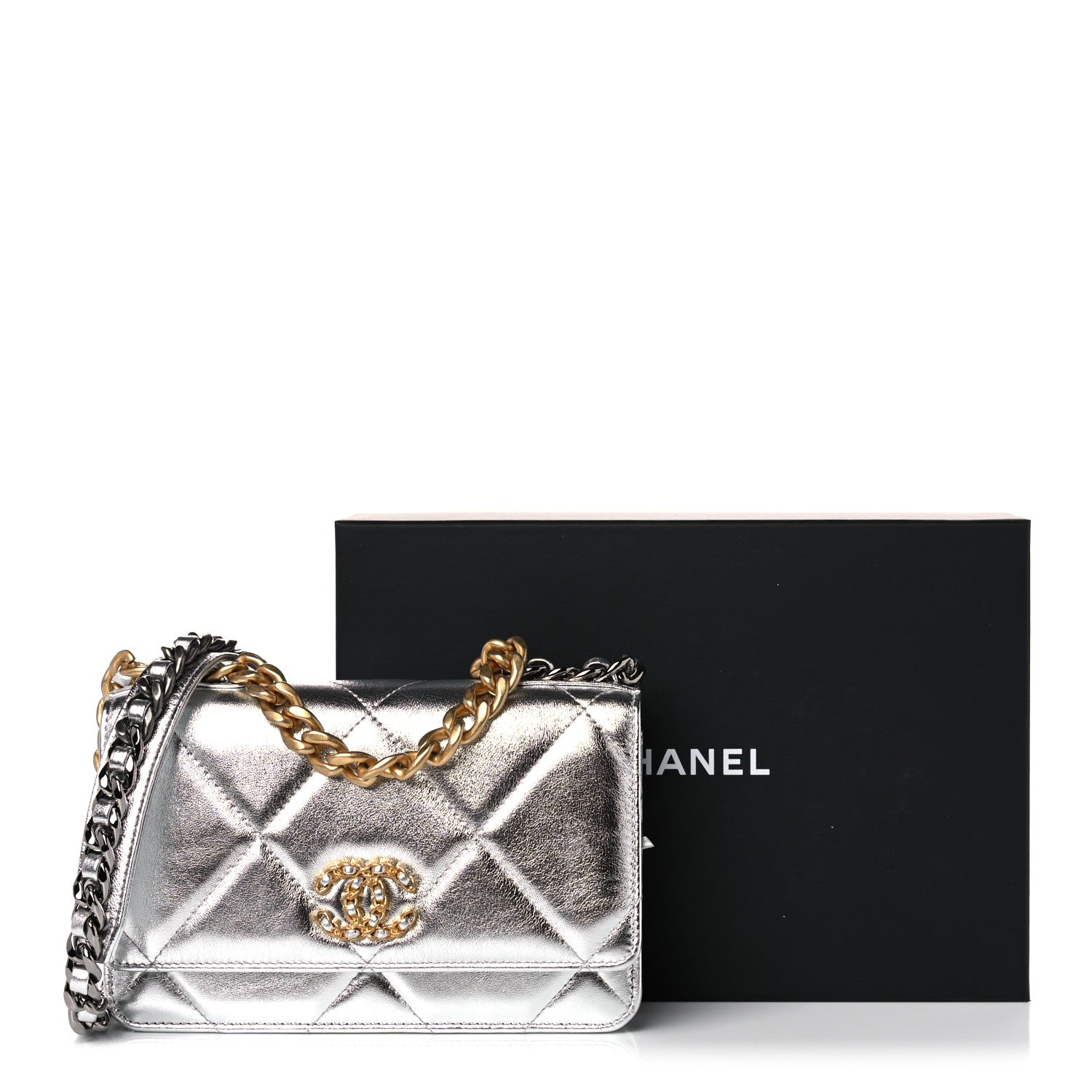 Chanel Metallic Lambskin Quilted Chanel 19 Wallet On Chain WOC Silver 14 of 14