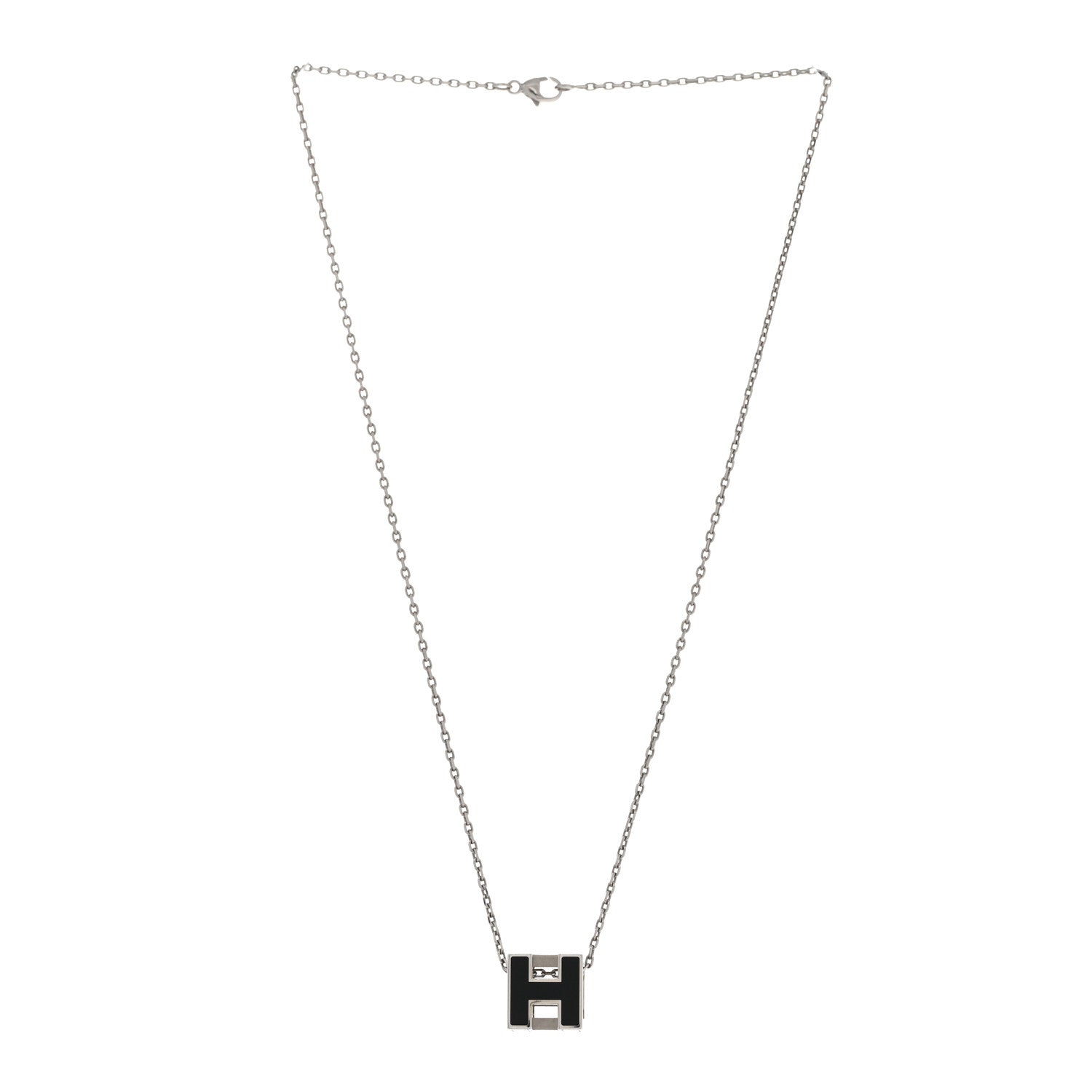 Hermes Lacquered Palladium Cage d'H Pendant Necklace Black 3 of 7