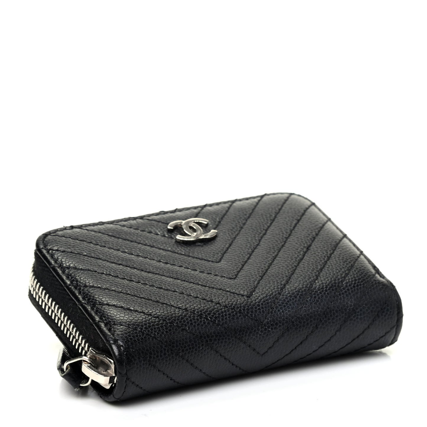 Caviar Chevron Quilted Zip Around Coin Purse Black