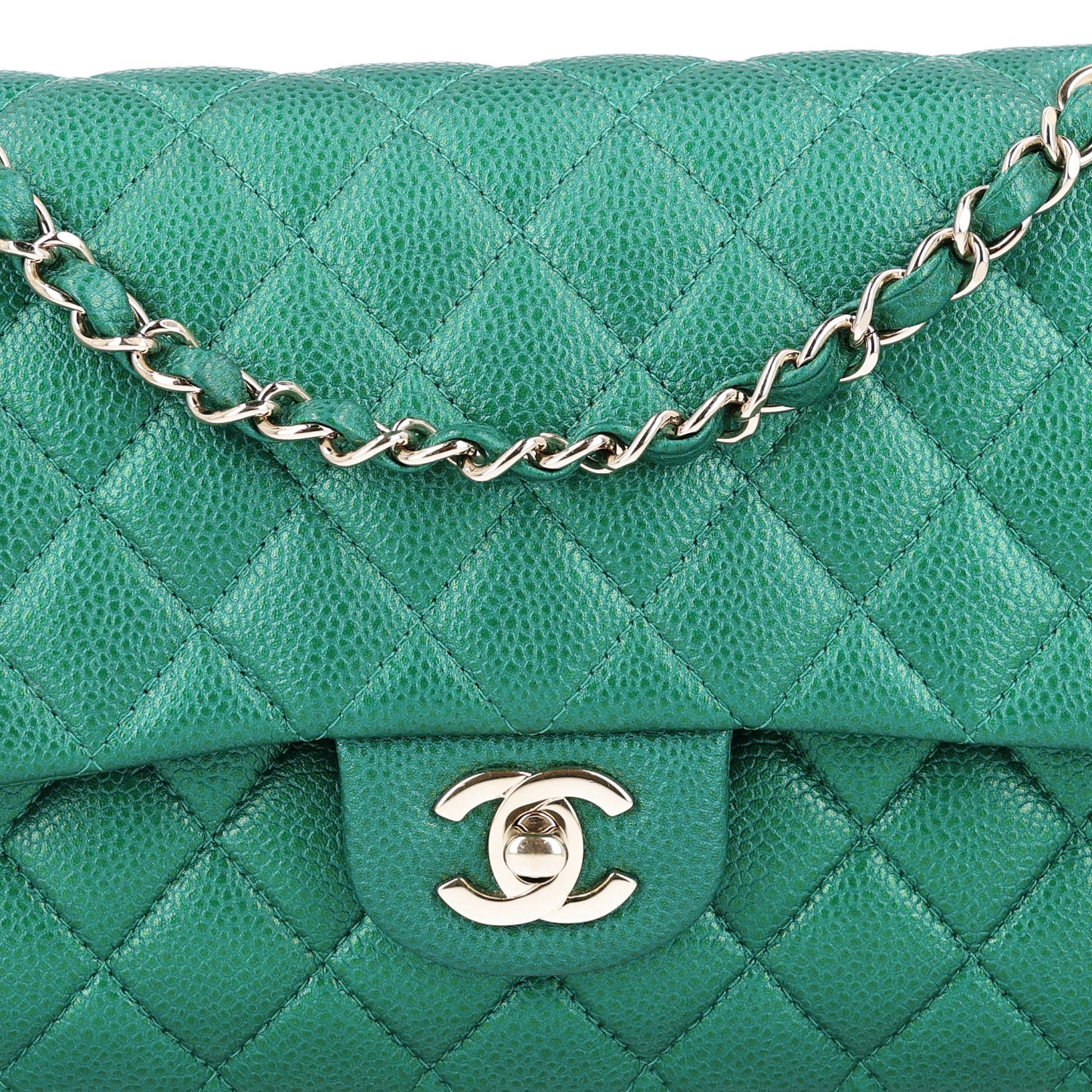 Metallic Caviar Quilted Medium Double Flap Green