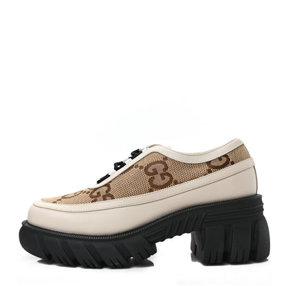 Gucci Quebec Calfskin Monogram Jumbo GG Lace Up Platform Loafers 39.5 Mystic White Camel Ebony 1 of 7