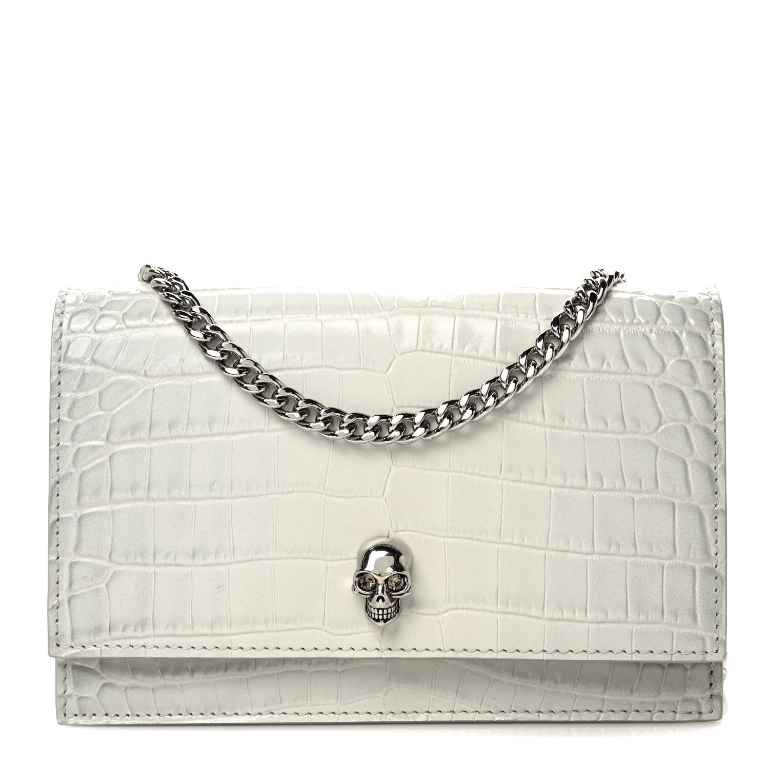 Alexander McQueen Calfskin Crocodile Embossed Skull Mini Crossbody Bag White 1 of 11
