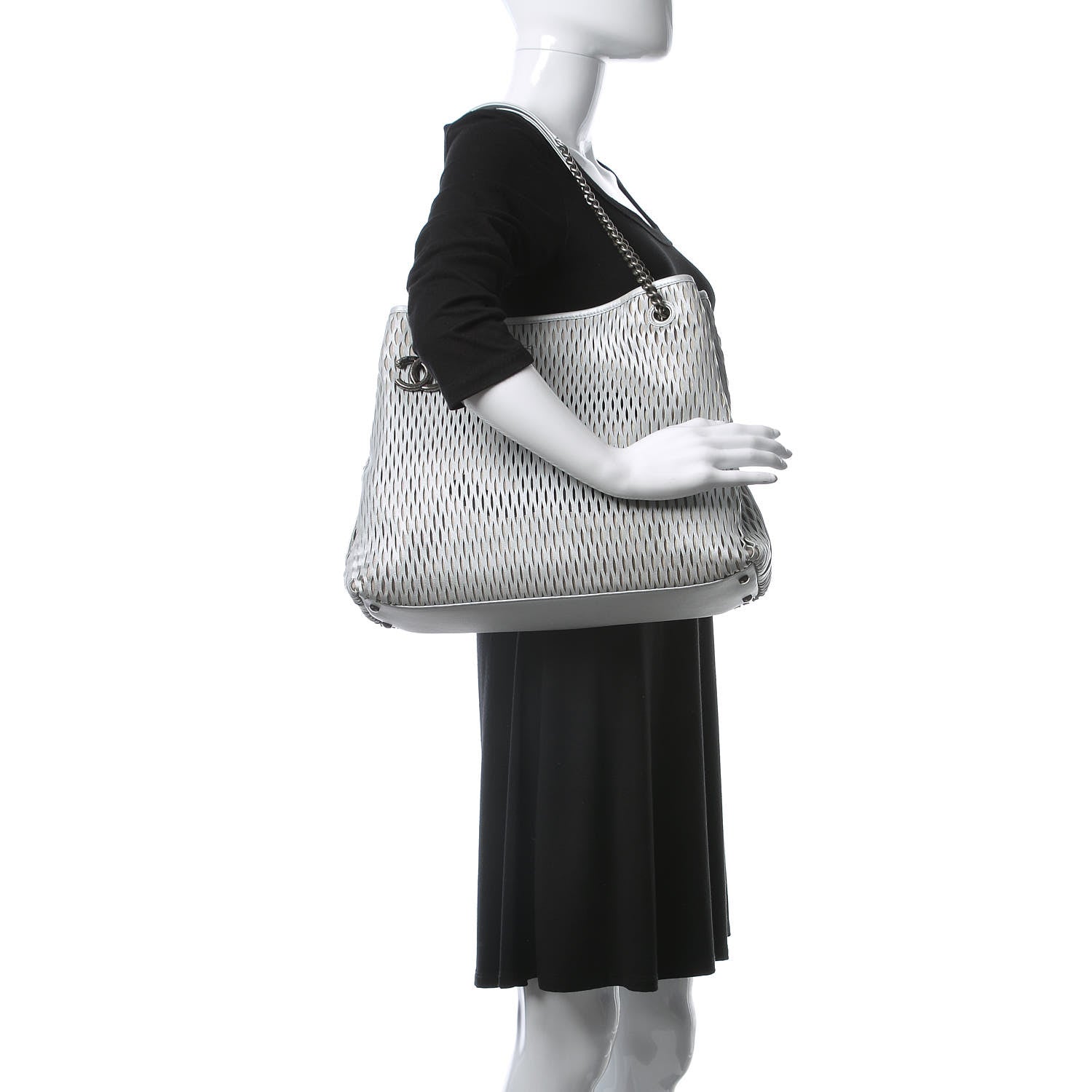 Chanel Calfskin Laser Cut Perforated CC Tote Silver 2 of 10