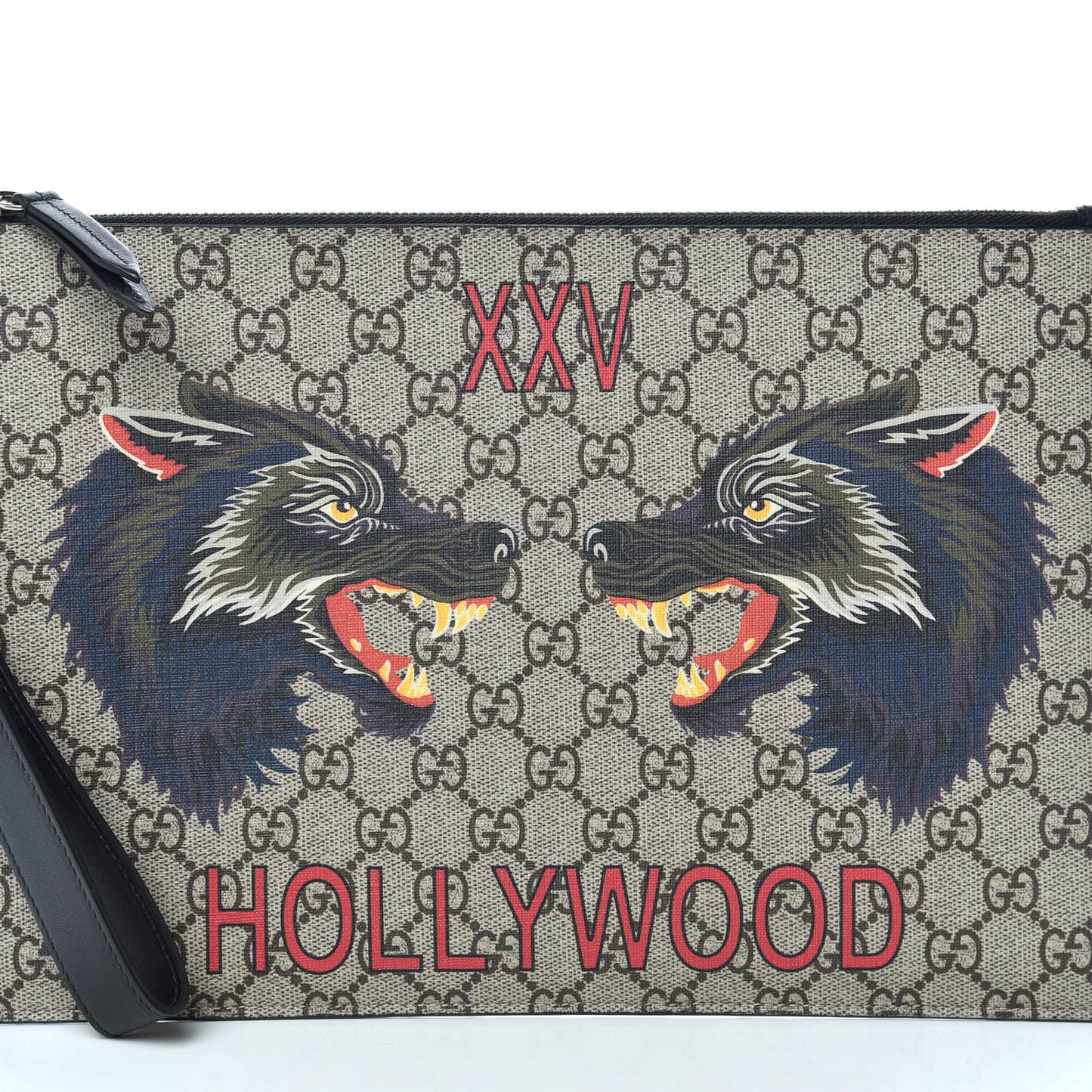 GG Supreme Monogram Wolf Zip Wristlet Pouch Beige