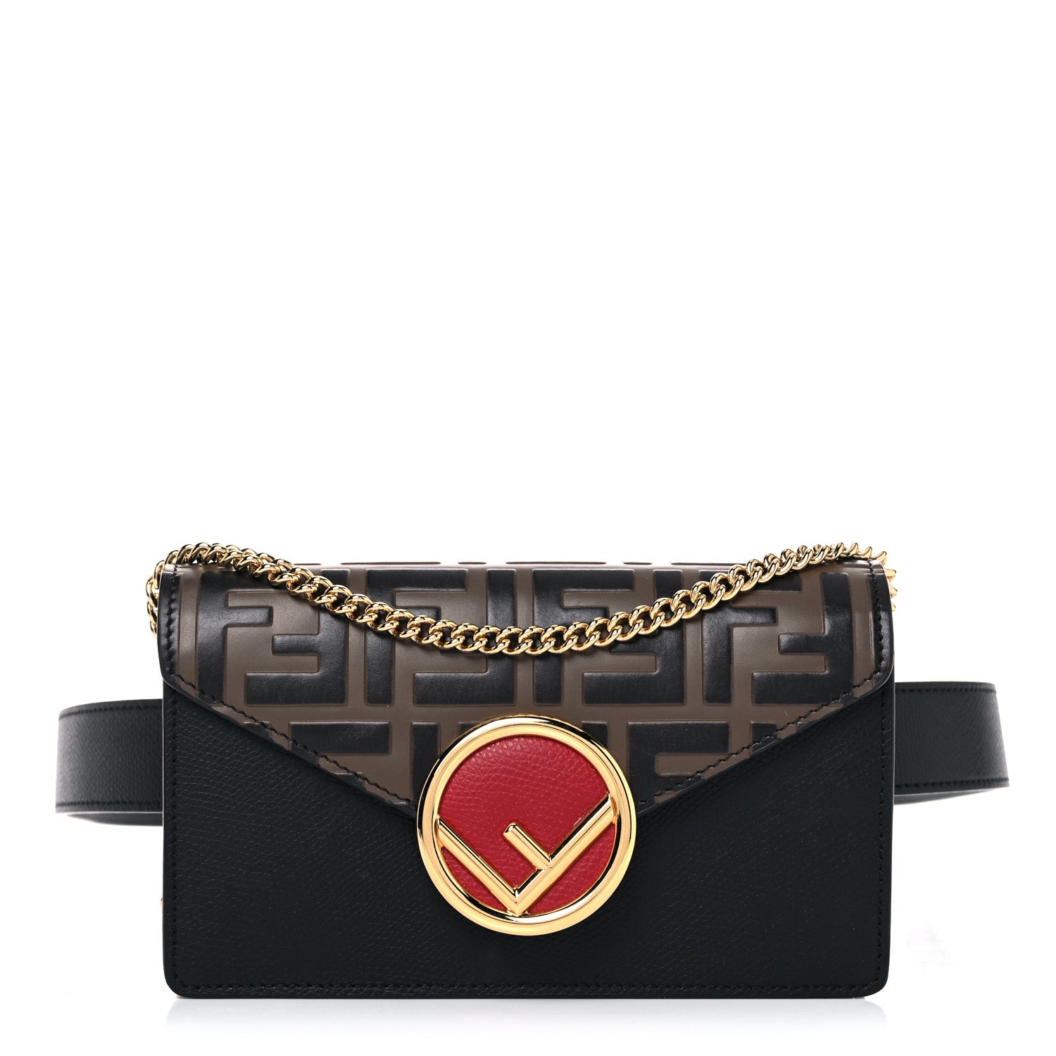 Fendi Vitello Cruise F is Fendi Bi-Color FF 1974 Embossed Envelope Belt Bag Maya Black 1 of 16