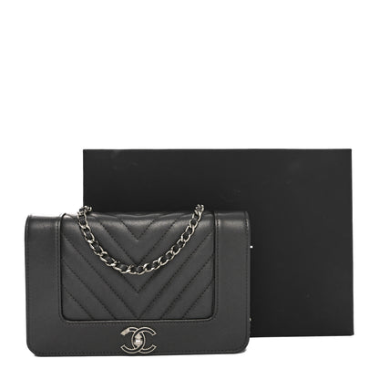 Chanel Metallic Goatskin Chevron Quilted Vintage Mademoiselle Wallet On Chain WOC Charcoal 11 of 11