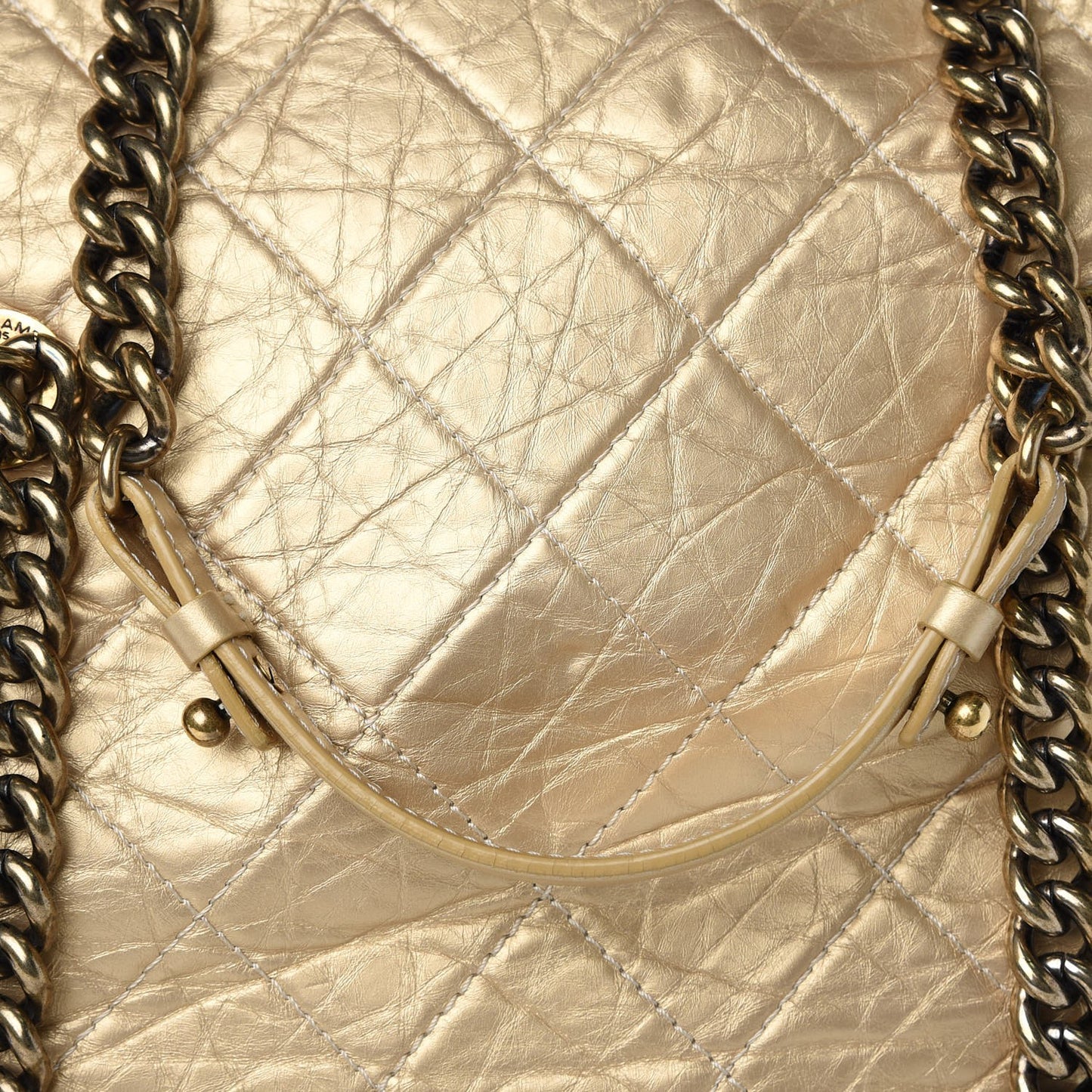 Metallic Aged Calfskin Quilted Large Secret Tag Bowling Bag Gold