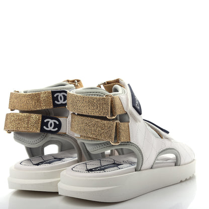 Chanel Goatskin Fabric Gladiator Sandals 37 White Light Grey Navy Blue 4 of 11