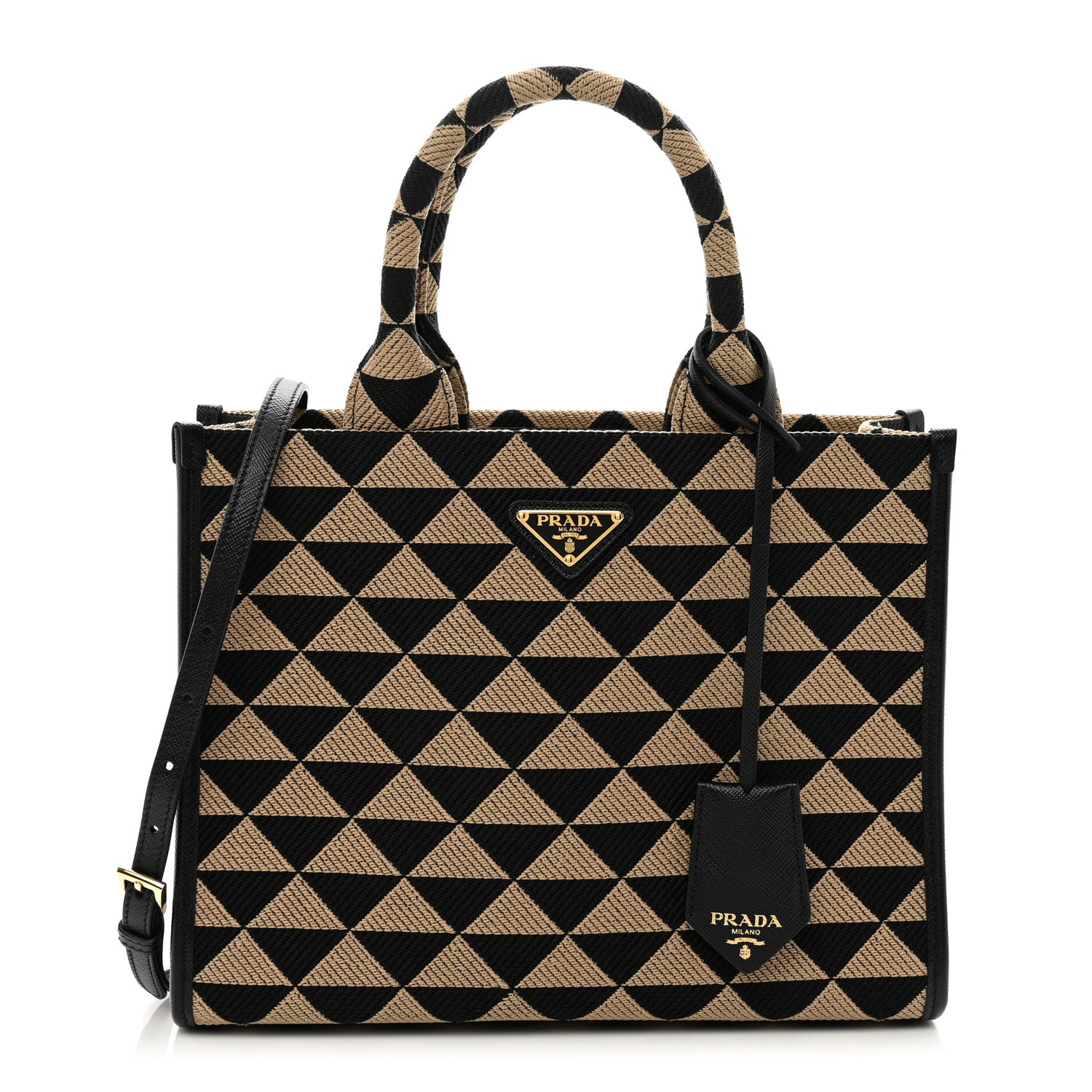 Prada Jacquard Saffiano Triangolo Symbole Embroidered Small Tote Black Corda 1 of 9
