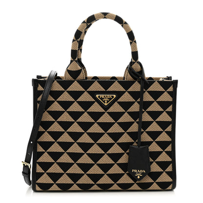 Prada Jacquard Saffiano Triangolo Symbole Embroidered Small Tote Black Corda 1 of 9