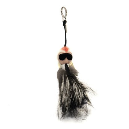Fendi Fox Mink Goat Fur Mini Karlito Bag Charm White Black Flamingo 1 of 4