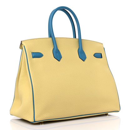 Hermes Togo Horseshoe Birkin 35 Jaune Poussin Bleu Izmir 3 of 11