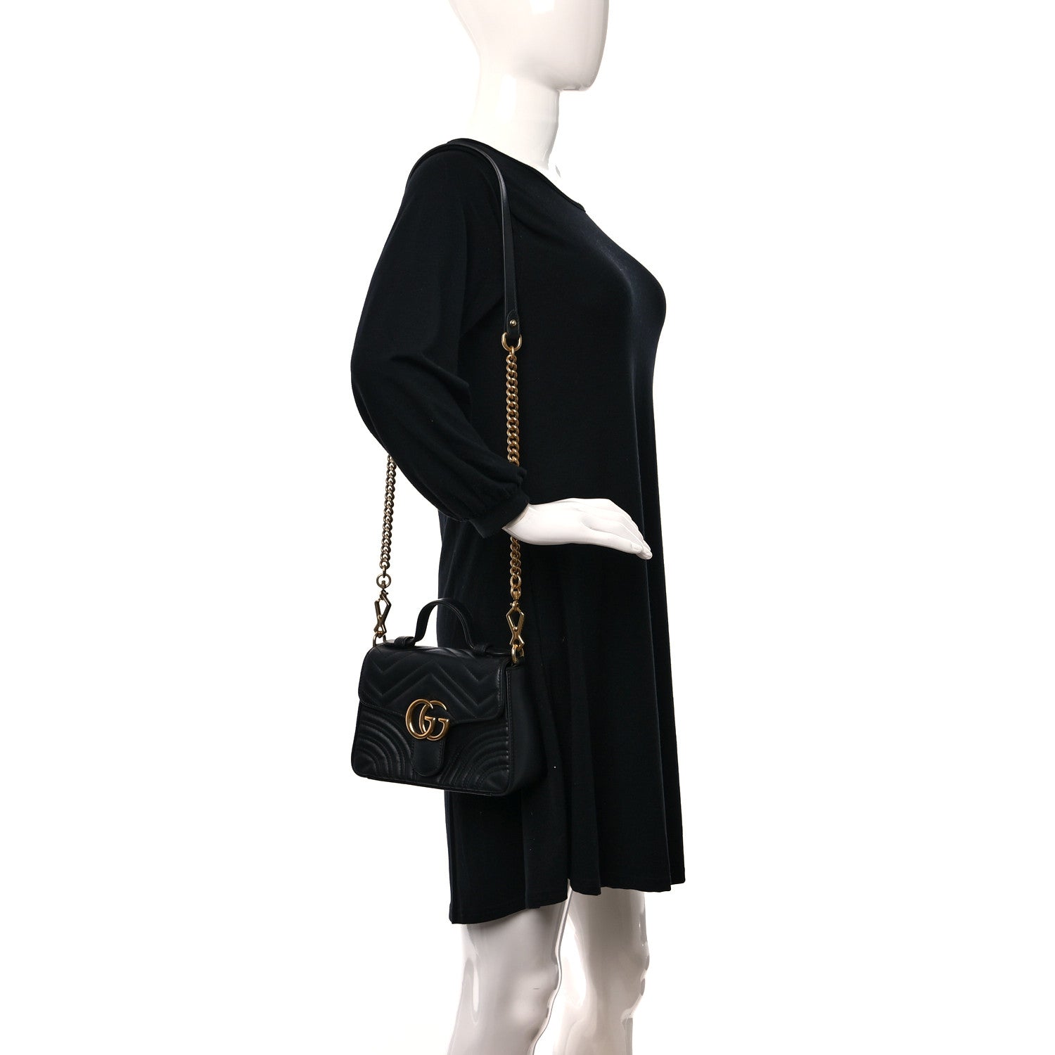 Gucci Calfskin Matelasse Mini GG Marmont Top Handle Shoulder Bag Black 2 of 9