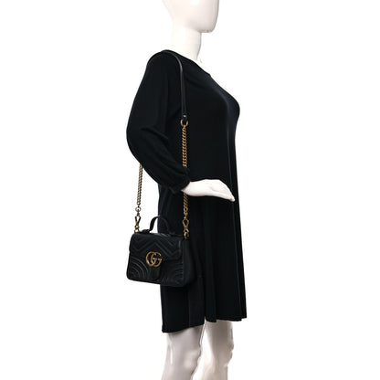 Gucci Calfskin Matelasse Mini GG Marmont Top Handle Shoulder Bag Black 2 of 9