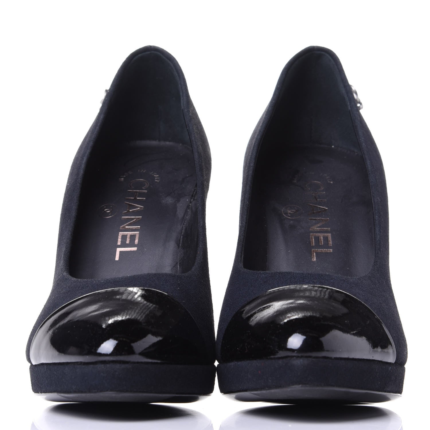 Chanel Suede Patent Calfskin Cap Toe CC Pumps 36.5 Navy 2 of 10